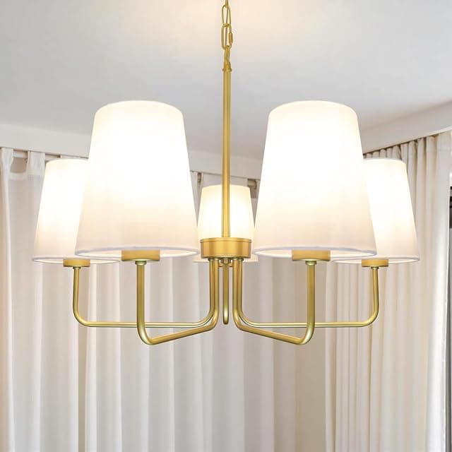Gold Chandelier with Fabric Shades, 5-Light Modern Pendan...
