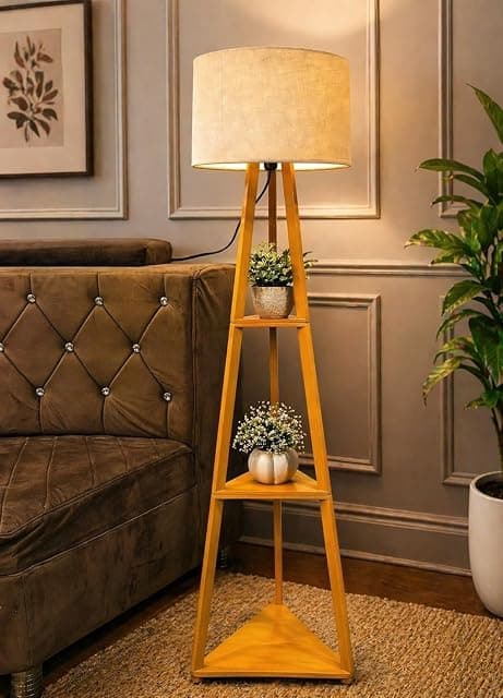 Modern Wooden Triangle Floor Lamp with Shelves – 3-Tier S...