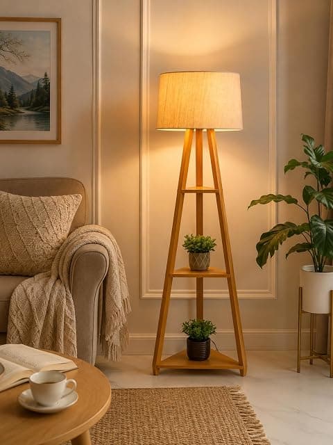 Modern Wooden Tripod Floor Lamp with 3 Storage Shelves, F...