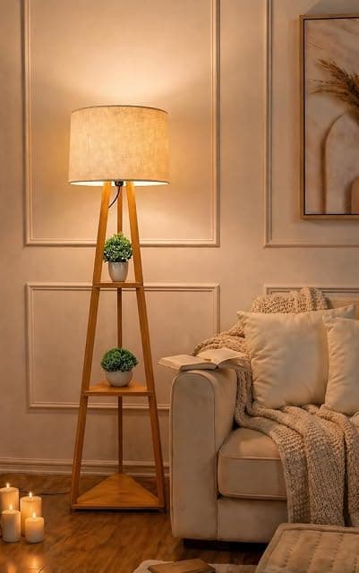 Wooden Tripod Floor Lamp with 3 Shelves Modern Standing L...