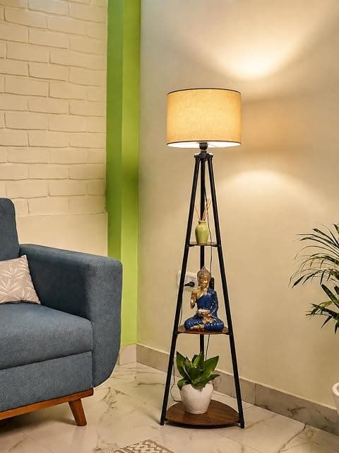 Tripod Floor Lamp with 3-Tier Display Shelves (Jute) | Bl...
