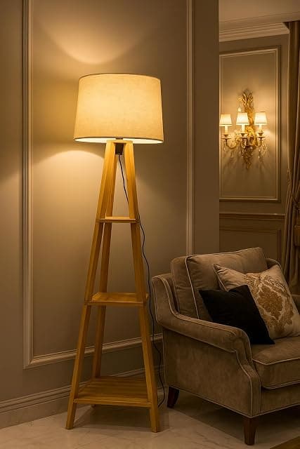 Wooden Floor Lamp with 2-Tier Shelves and Linen Shade | T...