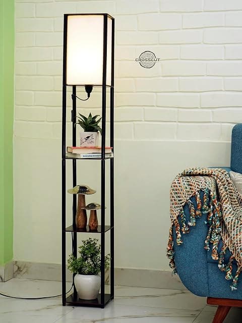 Crosscut Furniture Tower Floor Lamp with Shelf (Cotton Wh...