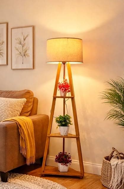 Wooden Tripod Floor Lamp with 3 Shelves, Modern Standing ...