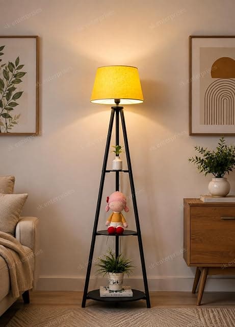 Aesthetic Yellow Metal Floor Lamp with 3 Shelves Stylish ...