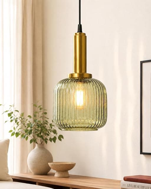 Homesake® Green Ribbed Glass Hanging Pendant Light, Antiq...