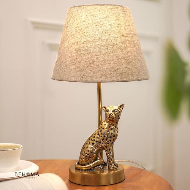 BEHOMA Jaguar Table Lamp with Antique Metal Base & Fabric...