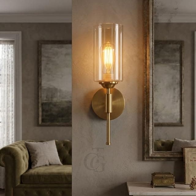 Modern Vertical Glass Wall Light|Antique-Brass Wall Sconc...
