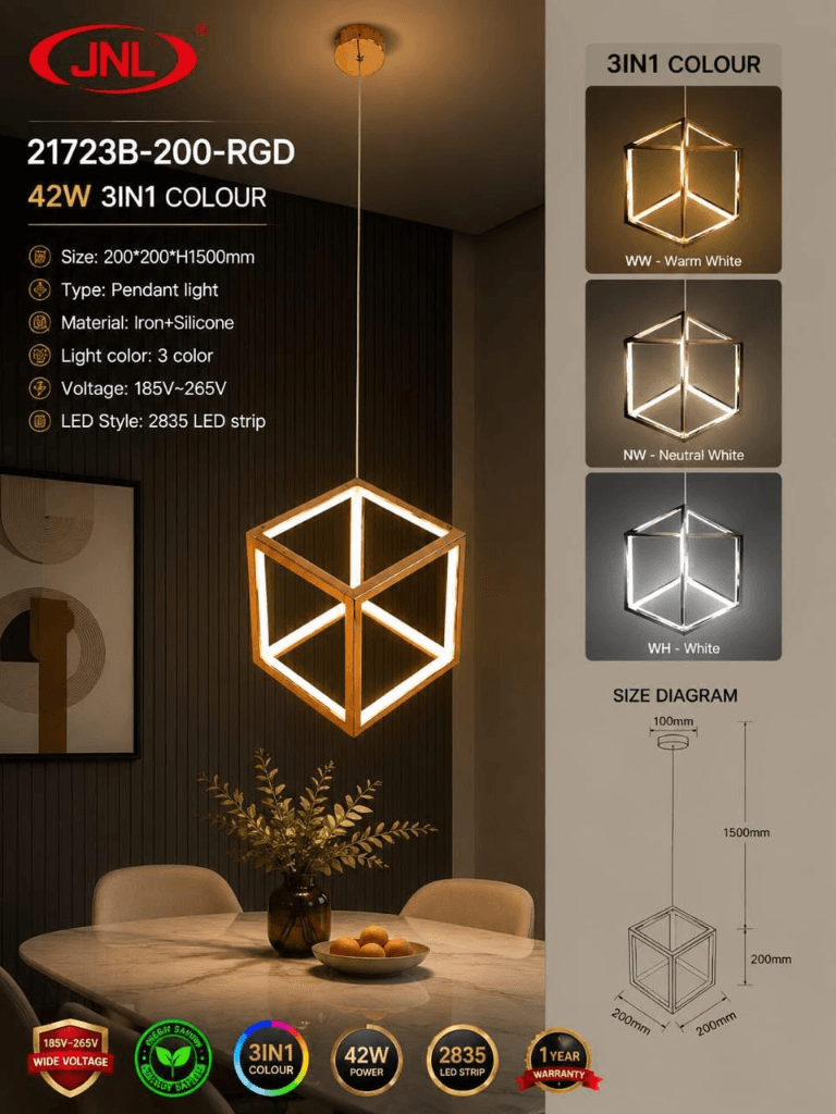 JNL-21723B-200 RGD 42W Square Cube Hanging Light 3IN1