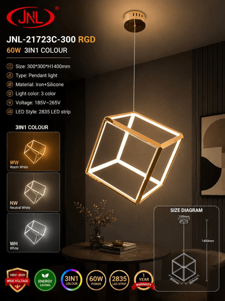 JNL-21723C-300 RGD 60W Square Cube Crystal Hanging Light 3in1