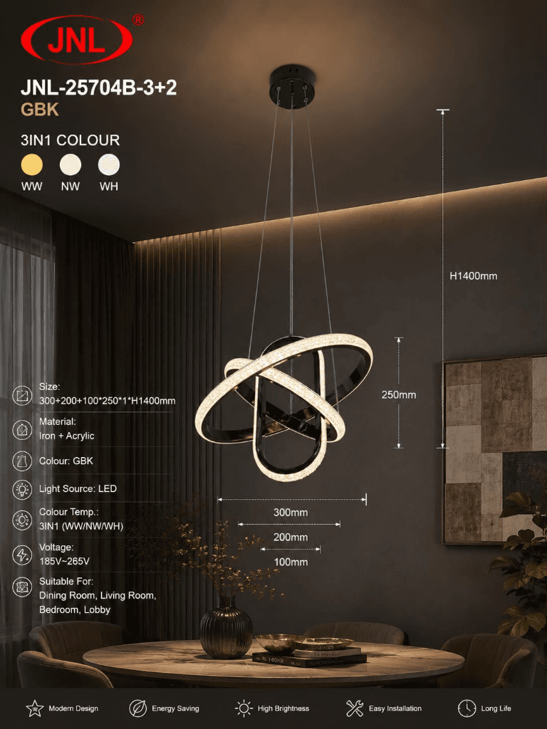 JNL-25704B-3+2 GBK Black & Gold 3-Ring Crystal Chandelier